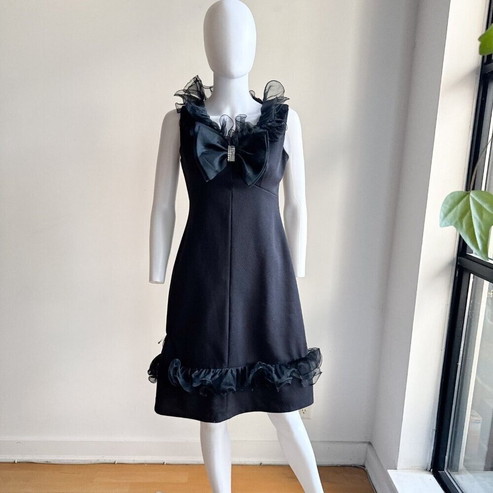 Vintage Black Little Black Dress w Ruffle Detail S - Picture 2 of 8